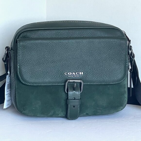 Coach Hudson Suede Messenger Shoulder Bag Leather Crossbody Green CB906 - Picture 10 of 12